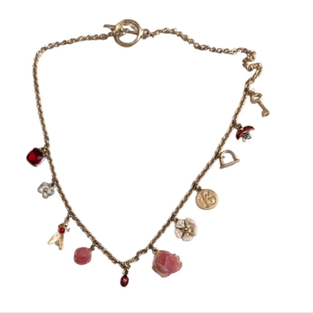 Les Nereides Charm Necklace Flowers Rose Ladybugs Key Firefly Lucky 13 Gold Tone